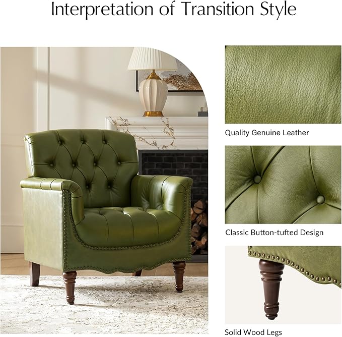HULALA HOME Mid Century Modern Leather Club Chairs, Top-Grain Genuine Leather Armchairs with Button-Tufted Back & Solid Wood Legs, Accent Chairs for Living Room/Bedroom/Home Office, Olive