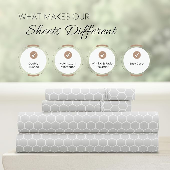 Linen Market Double-Brushed Patterned Microfiber California King Sheet Set 4 Piece – Oeko-TEX Certified Ultra Soft & Wrinkle-Free - 16" Deep Pocket Sheets Easy Care Cal-King Size - Honeycomb Gray