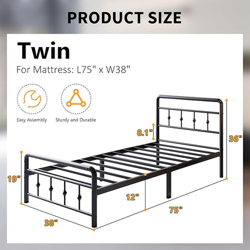 12 Inch Twin Bed Frames with Victorian Vintage Headboard and Footboard, No Box Spring Needed, Heavy Duty Metal Mattress Foundation, Noise Free, Easy Assembly, Black