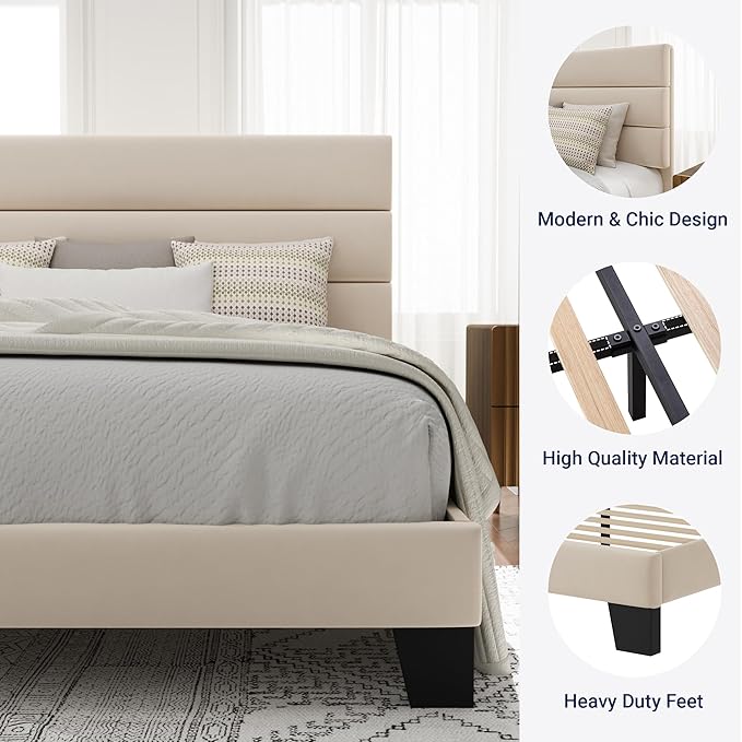 Allewie Full Size Platform Bed Frame with Velvet Upholstered Headboard and Wooden Slats Support, Fully Upholstered Mattress Foundation/No Box Spring Needed/Easy Assembly, Cream