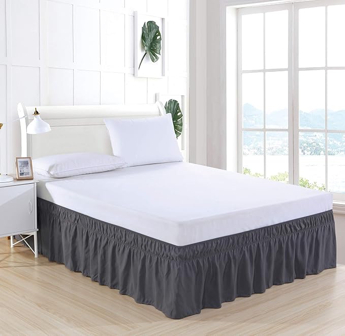 MEILA Wrap Around Bed Skirt Three Fabric Sides Elastic Dust Ruffled 24 Inch Tailored Drop,Easy to Install Fade Resistant-Dark Grey, Queen/King