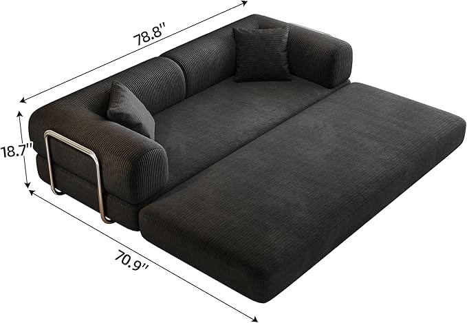 79" Convertible Sofa Bed, Corduroy Folding Pull Out Couch with Pillows, No Assembly Modern Boneless Couch Compression Sofa in Box, Floor Sofa with Support Rods for Living Room,Black