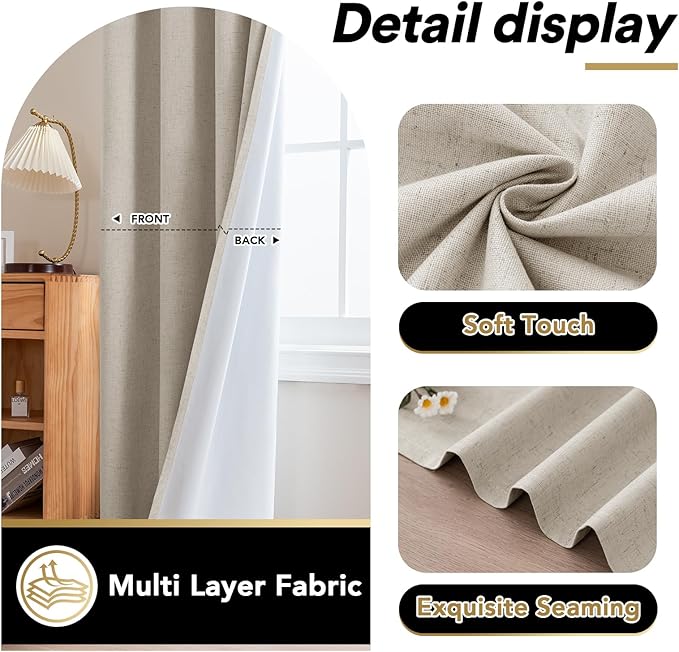 PrinceDeco 100% Blackout Linen Curtains 96 Inch Long Nature Burlap Fabric Black Out Curtains for Nursery,Heat & Light Blocking 2 Panels Set Grommet Window Drapes,Heathered Linen