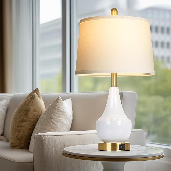 Modern White Table Lamp Set of 2, 24" Ceramic Table Lamp with USB A+C Ports,Classic Beside Lamps Nightstand Lamp Modern Lamp for Living Room, Bedroom & Office -LED Bulbs Included