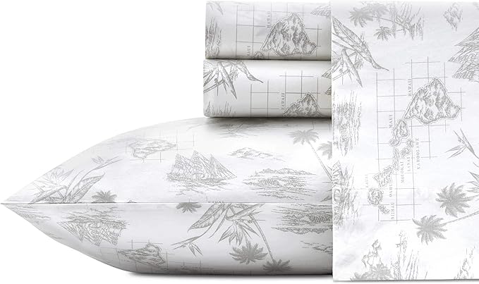 Tommy Bahama - King Size Sheets Set, Crisp & Tailored Cooling Sheets with a Smooth Cotton Percale Lightweight Feel - Bed Sheets with Matching Pillowcases & Fitted Sheet (Vintage Map Grey)