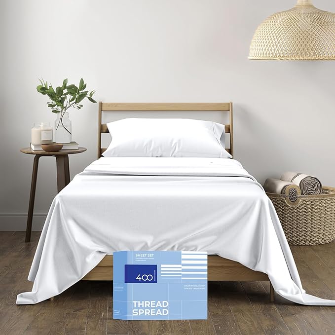 THREAD SPREAD 100% Cotton Sheets Twin Size - 400 Thread Count Cotton Bed Sheets Twin, 3 PC Set (White), Luxury Soft, Breathable, Cooling, Sateen Weave 16" Deep Pocket Bedsheet for Dorm Rooms