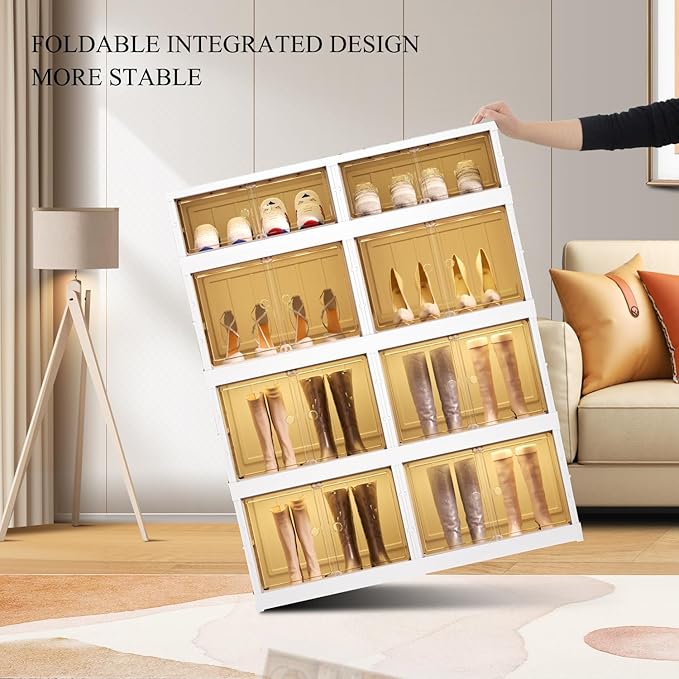 4-Tier Foldable Shoe Rack Organizer for Closet 16Pairs Plastic Collapsible Shoes Storage Box Clear Shoe Boxes Stackable with Door Easy Assembly Shoe Cabinet Bins with Lids Large