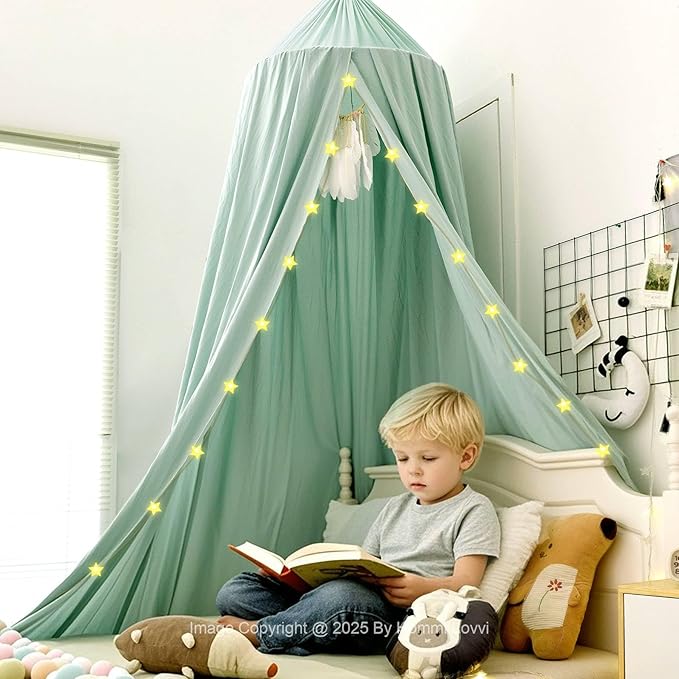 Green Bed Canopy for Girls with Light, Princess Canopy Curtains for Twin Full Queen Size Kids Bed, Canopy for Girls Bed Room Decor, Hanging Castle Ceiling Tent