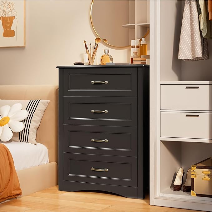 Gizoon Dresser for Bedroom with 4 Drawers Wooden Chest of Drawers for Closet Dresser Storage Unit Organizer for Hallway Living Room and Office, Black