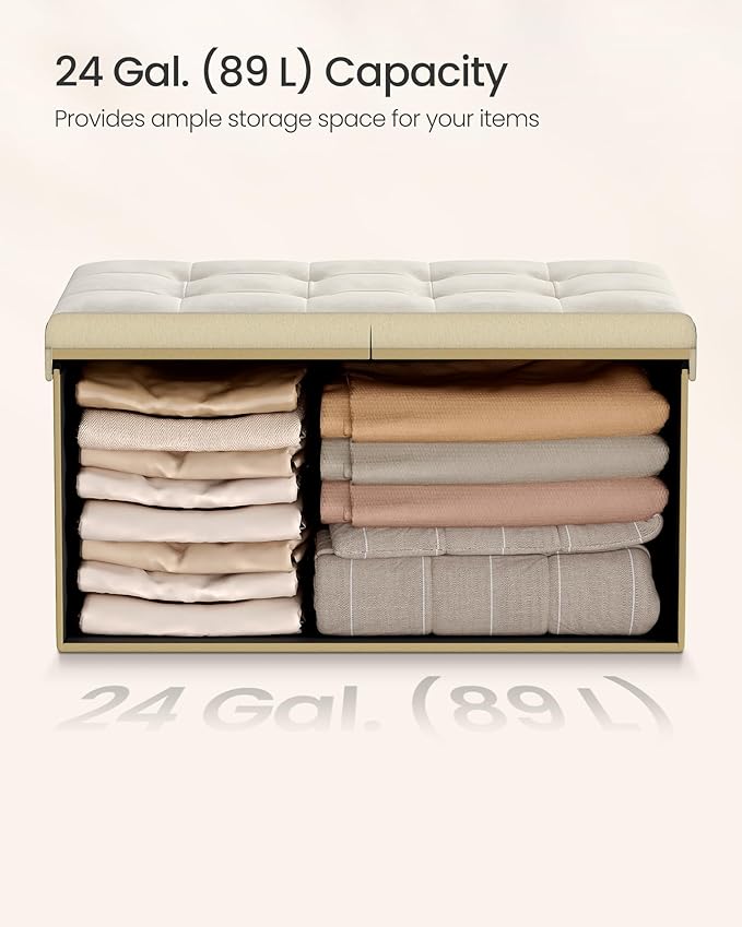 SONGMICS Mazie Collection - 30 Inches Storage Ottoman, Foldable Storage Bench with Flipping Lid, 660 lb Load Capacity, for Entryway, Living Room, Bedroom, Velvet Fabric, Cream White ULSF048LH01