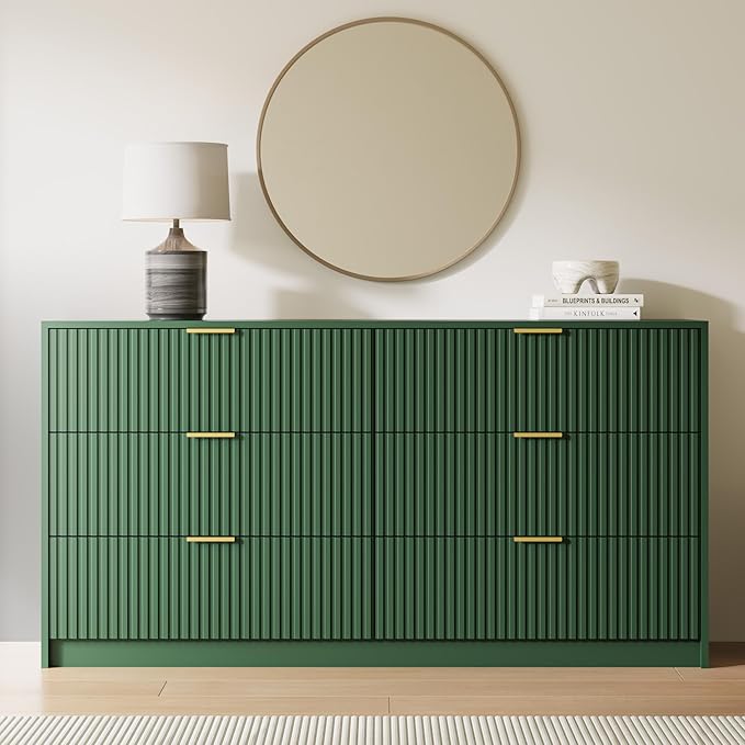 Green 6 Drawer Dresser for Bedroom, 55" Wide Modern Chest of Drawers with Gold Metal Handles, Fluted Wood TV Stand for Living Room, Hallway