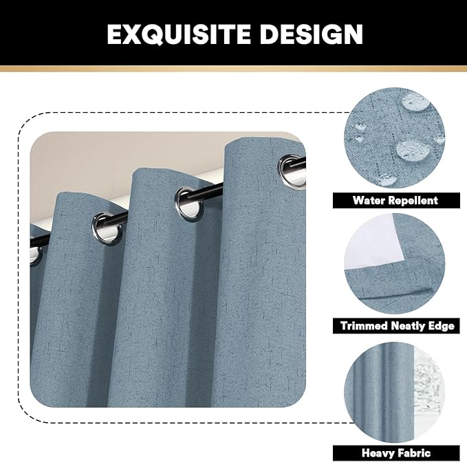 PrinceDeco 100% Blackout Curtains for Sliding Glass Doors Patio Door Curtains for Sliding Glass Door Linen Blackout Curtains for Living Room/Bedroom,W100 X L96 Inch, Stone Blue