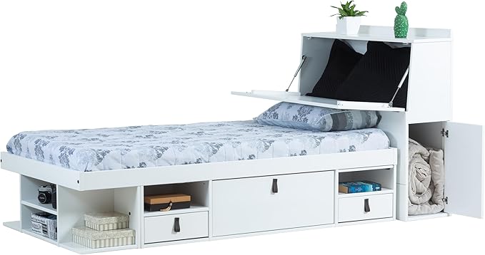 memomad Bali Set: Storage Platform Bed with Drawers + Bookcase Headboard (Twin Size, White Wood)