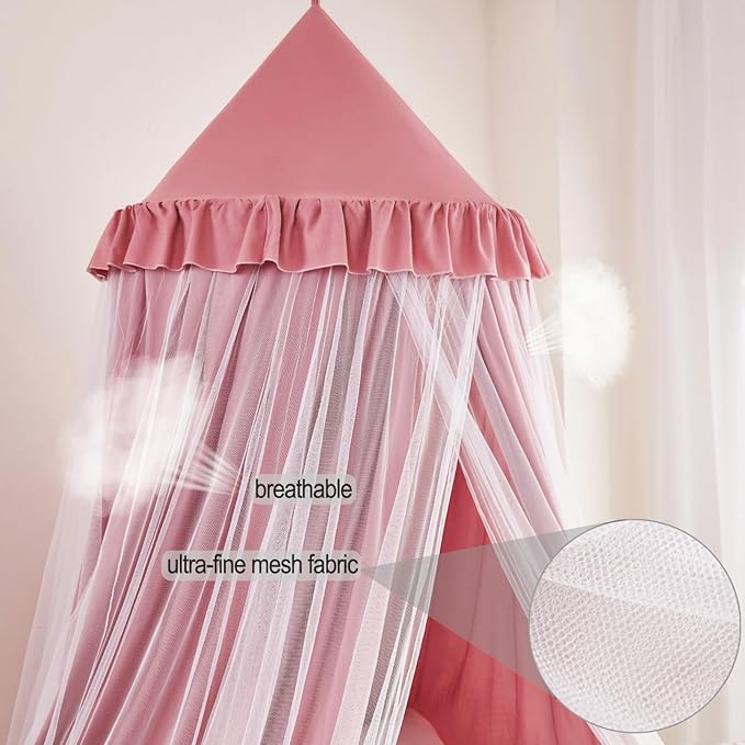 Kertnic 31.5inch Large Dome Bed Canopy for Girls, Double Layer Dreamy Ruffle Princess Canopy, Bedroom Hanging Tent Kids Reading Nook Canopies,Full Queen Bed Canopy Curtain (Dark Rusty-Pink)