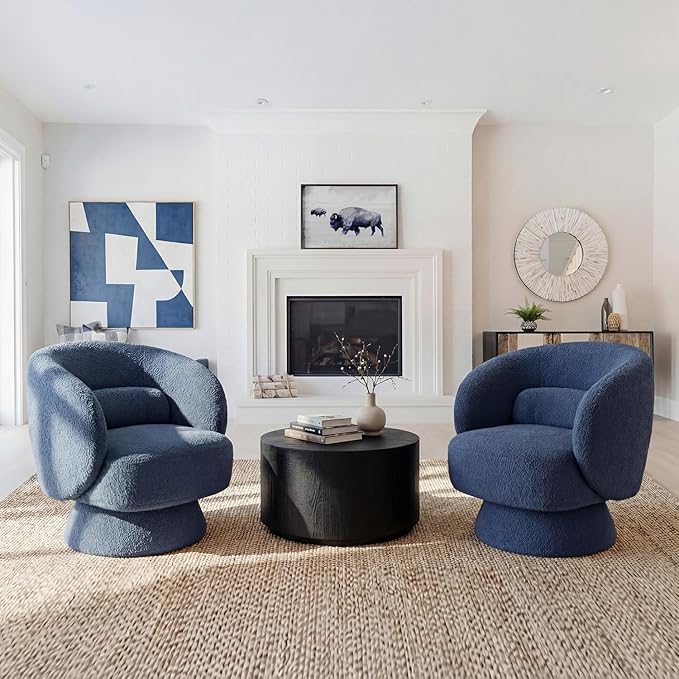 Swivel Accent Chair, Modern 360 Degree Swivel Barrel Chair with Arms & Curved Back and Lumbar Support Cushion, Comfy Round Single Boucle Sofa for Small Space, Living Room, Bedroom, Blue