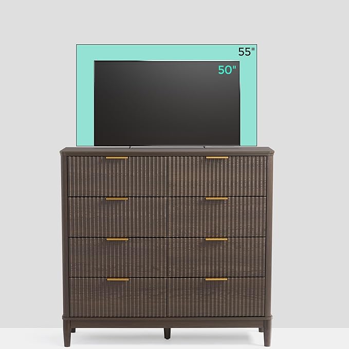 LINSY Fluted Dresser for Bedroom with 8 Drawers, Mid Century Modern Chest of Drawers with Gold Metal Handles, Wide Boho Wood Dressers, Large Farmhouse Storage Cabinet for Bedroom, Living Room, Walnut