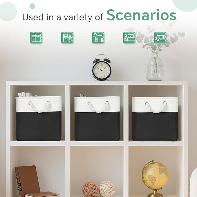 Large 11x11 Inch Cube Storage Bins with Cotton Handles for Closet, Shelves, Clothes, Towel (White/ Black-6 Pack)