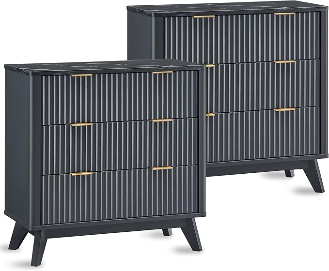 T4TREAM Fluted 3 Drawers Nightstand Set of 2, Oversized Extra Large Modern Side Table with Faux Marble Top, End Table Bedside for Bedroom, Living Room, Curved Profile Design, Dark Grey | Fluted, Modern, 3 Drawers, w/Storage, for Bedroom, Living Room