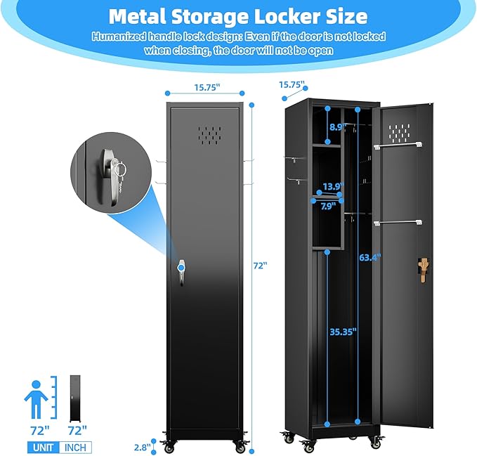 15.75 in Wide Garage Storage Cabinet, Metal Storage Cabinet with Wheels and 2 Adjustable Shelves for Home Offices, Gyms and Pantries, Black