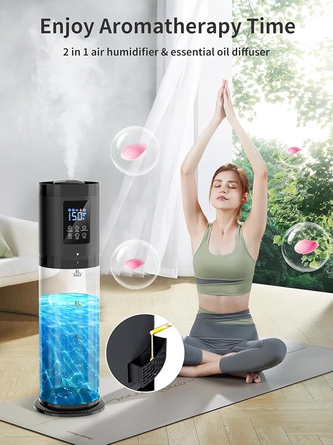8L Humidifiers for Bedroom, 30dB Quiet, 500ft² Coverage, 60H Runtime, Top Fill, 3-in-1 Humidifier Large Room & Essential Oil Diffuser & Ambient Light, Sleep Mode, 16H Timer, Auto Shutoff Protection