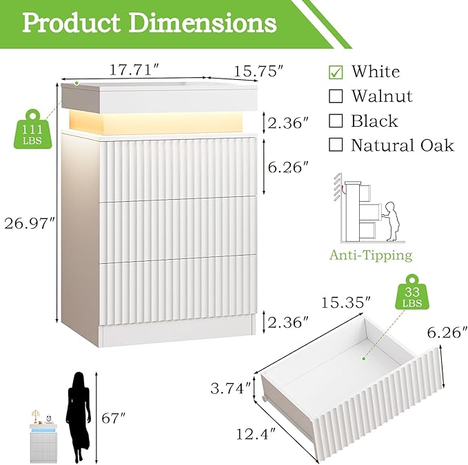 Nightstand with Charging Station & LED Lights, Modern Small Fluted Bedside & End Table with 3 Drawers, Sliding Top & Hidden Storage, Wooden Farmhouse Night Stand for Bedroom Office Sofa, White