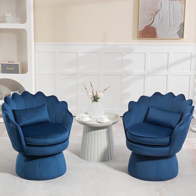 360° Swivel Accent Chair, Mid-Century Modern Velvet Barrel Chair, Comfy Shell Shape Arm Chair with Lumbar Pillow for Living Room, Bedroom, Office, Dark Blue