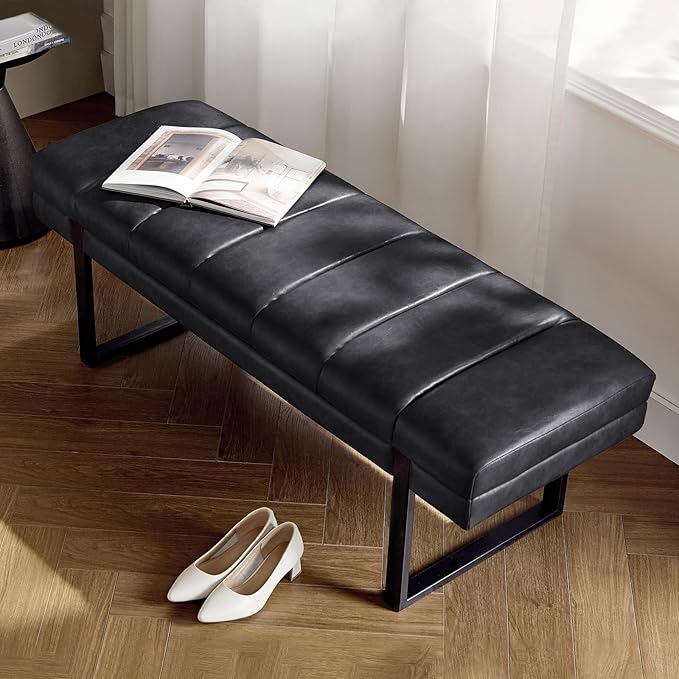 HULALA HOME 53" Faux Leather Entryway Bench, Button Tufted End of Bed Bench Ottoman for Bedroom, Living Room with Metal Base,Black