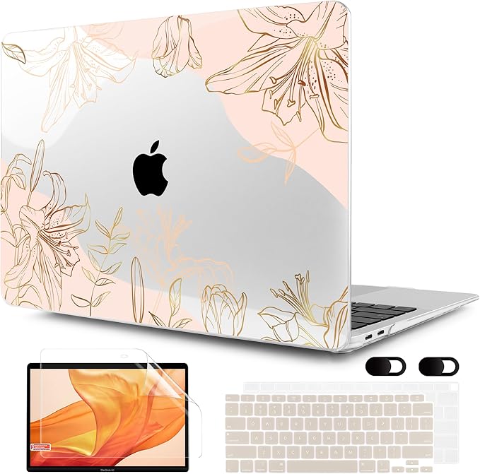 MEEgoodo for MacBook Air 13 inch Case 2021 2020 2019 2018 Released A2337 M1 A2179 A1932 with Touch ID, Plastic Hard Shell & Keyboard Cover Compatible with MacBook Air Case 13.3, Gold Flowers Lilies