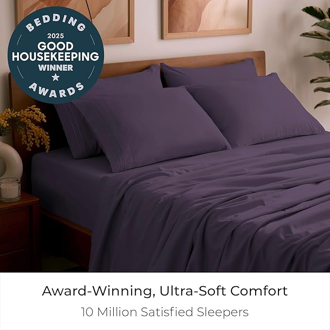 Mellanni Queen Sheet Set - 6-Piece Iconic Collection Bedding, (Including 4 Pillowcases), 16-Inch Deep Pocket, Easy Care, Extra Soft, Cooling Sheets, Brushed Microfiber - Purple