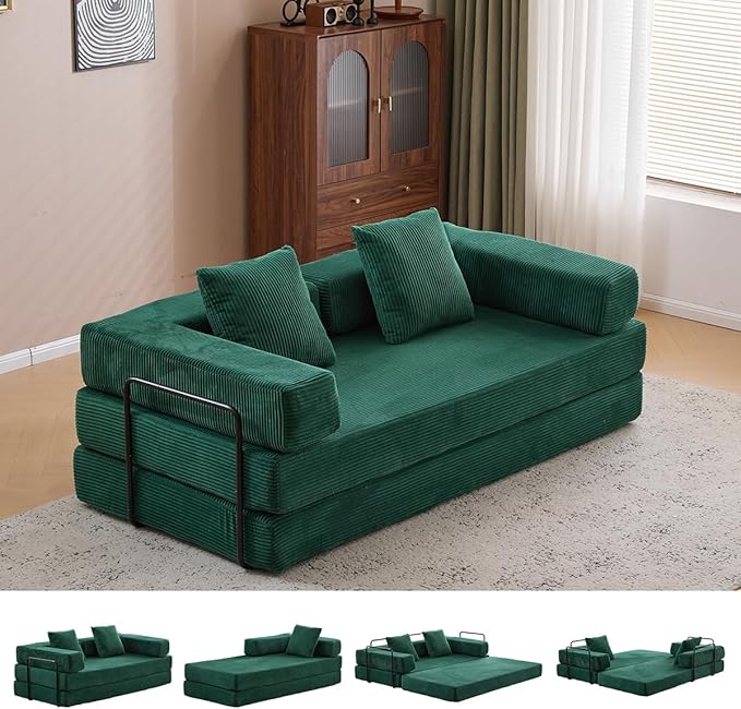 4-in-1 Convertible Folding Sleeper Sofa Bed, Fold Out Floor Sofa Couch with Fixed-Shape Frame, Cloud Corduroy Foldable Mattress Couch for Living Room Bedroom (78.5" Corduroy, Dark Green)