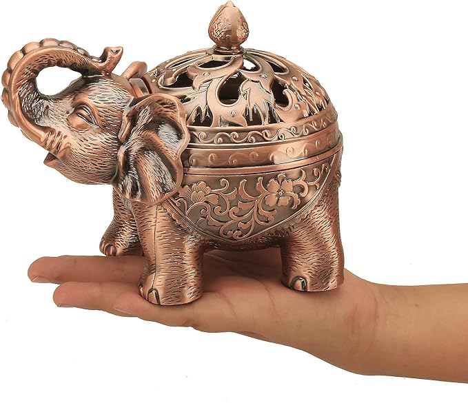 K COOL Alloy Incense Holder Stand Elephant Cone Coil Incense Burner Ash Catcher with Lid, Aromatherapy Ornament Home Decoration for Indoor Outdoor (Red Copper)