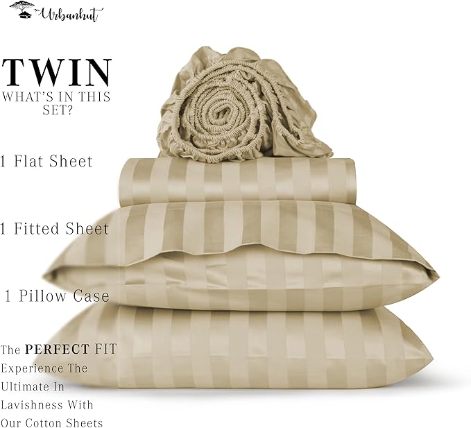 URBANHUT 800 Thread Count 100% Cotton Damask Twin Size Sheets, 4 Piece Striped Twin Size Bedsheets, Luxury Hotel Sheets Sateen Weave - Better Than Egyptian, 14" Elasticized Deep Pocket- Sand