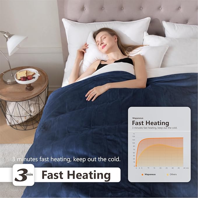 Wapaneus Heated Blanket Electric Queen Size 84"x90"-Dual Control with 10 Heat Levels 12 Timer Settings and 8 Hours Auto-Shut Off,Fast-Heating Electric Blanket,ETL Listed Machine Washable,Dark Blue