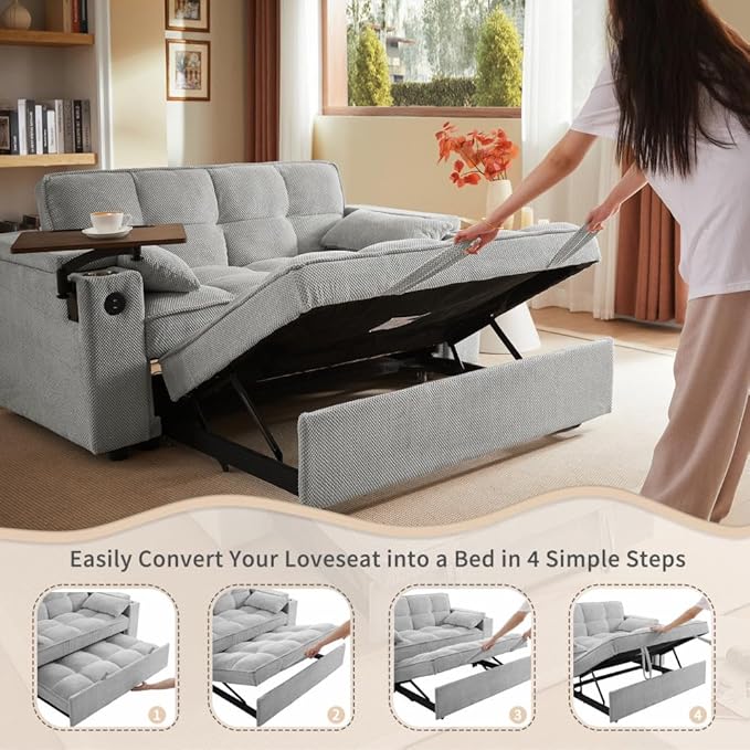 65'' Convertible Sleeper Sofa Bed with Adjustable Backrest, Chaise Lounge, Side Table & USB/Type-C Ports – Stylish & Functional Addition to Any Living Room (Fashion Light Grey)