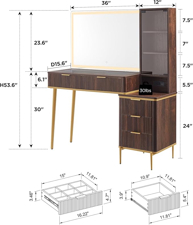 T4TREAM Fluted Makeup Vanity Desk with 36" HD Lighted Mirror, 48" Big Modern Vanity Desk with Mirror and Lights, Dressing Table with 5 Drawers & Shelves, Glass Top for Bedroom, Dark Walnut
