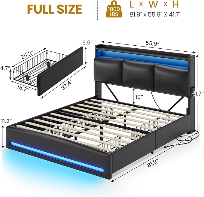 VIAGDO Full Size Bed Frame with Storage Headboard and Charging Station, Leather Upholstered Bed Frame Full Size with 4 Drawers and LED Lights, Type C and USB, No Box Spring Needed, Black