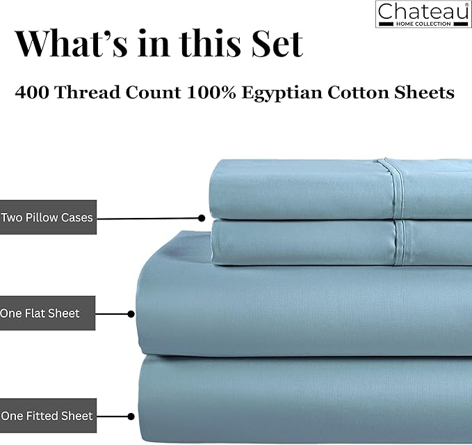 100% Cotton Sheets For King Size Bed, Certified 400 Tc Deep Pocket King Sheet Set, Elasticated Sheet & Pillowcase Sets, No Pill & Shrink, Soft & Comfy Naturally Cool & Breathable- French Blue