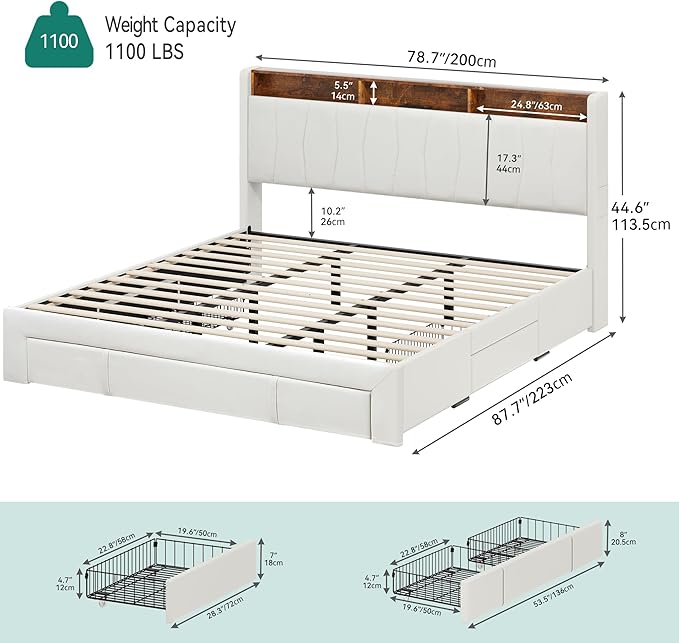 YITAHOME King Size Bed Frame, Storage Bed Frame with 4 Drawers & LED Light, Platform Bed with Storage Upholstered Headboard and Charging Station, No Box Spring Needed, Easy Assembly, Beige