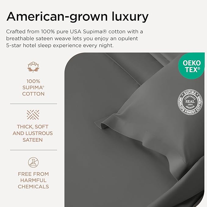 Threadmill 100% Supima Cotton Sheets, Luxury 1200 Thread Count Cotton Sheets for King Size Bed, 4 Pc Dark Grey King Bed Sheet Set, 5-Star Hotel Quality with Elasticized Deep Pocket King Sheet