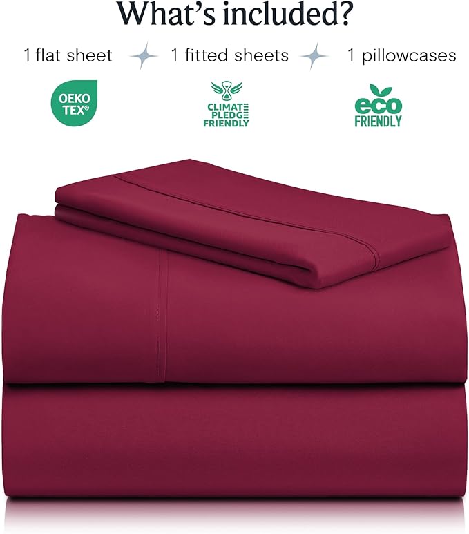 LuxClub 3 PC Twin Sheet Set, Deep Pockets Wrinkle Free Cooling Bed Sheets Hotel Bedding for Women, Men, Kids & Teens, Includes 1 Fitted Sheet, 1 Flat Sheet and 1 Pillowcase-Silky Soft Burgundy