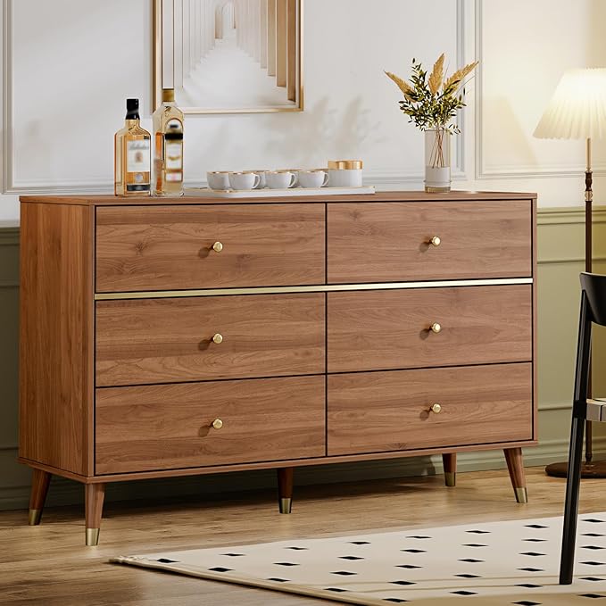 6 Drawer Dresser,47" Wide Mid Century Chest of Drawers,Wooden Bedroom Drawer Dresser with 6 Storage Drawers for Bedroom,Living Room,with Anti-Tipping Device,Walnut.HT