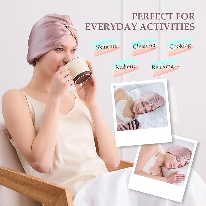 Silk Bonnet for Sleeping Women, 100% Mulberry Silk Sleep Cap with Elastic Band, Real Mulberry Shower Cap on Both Sides, Rose Pink