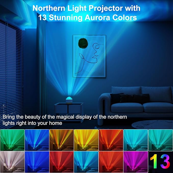 Northern Light Projector, Battery Operated Aurora Night Light with Timer Function, 13 Colors Galaxy Lamp Ripple Ceiling Projector Mood Ambient Lighting for Bedroom Adults Kids Room Girl Gift