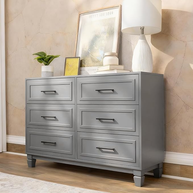 Farmhouse Dresser for Bedroom, 6 Drawer Dresser with Unique Solid Wood Legs, Modern Wide Chest Dressers for Clothes, Closet, Living Room, Grey