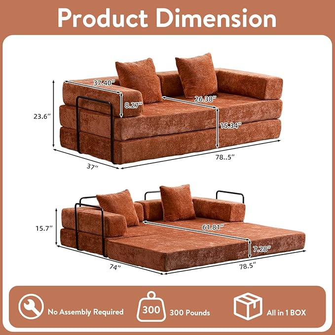 4-in-1 Convertible Folding Sleeper Sofa Bed, Fold Out Floor Sofa Couch with Fixed-Shape Frame, Cloud Corduroy Foldable Mattress Couch for Living Room Bedroom (78.5" Chenille, Orange)