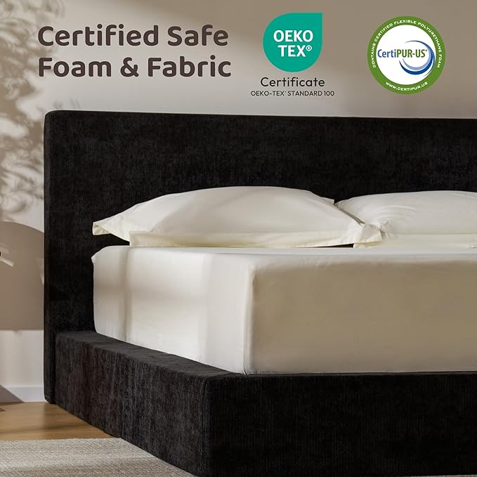 RECCI Cloud Upholstered King Bed Frame with Headboard, 5 Inch Foam Padded Platform, No Box Spring, Easy Assembly (Onyx Black)
