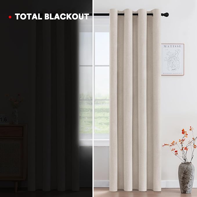 PrinceDeco Nature Linen Blackout Curtains 96 Inch Long Thermal Insulated Draperies Sun Block & Room Darkening Curtains for Bedroom Windows with Nickel Grommet(2 Panels Set,Heathered Natural)
