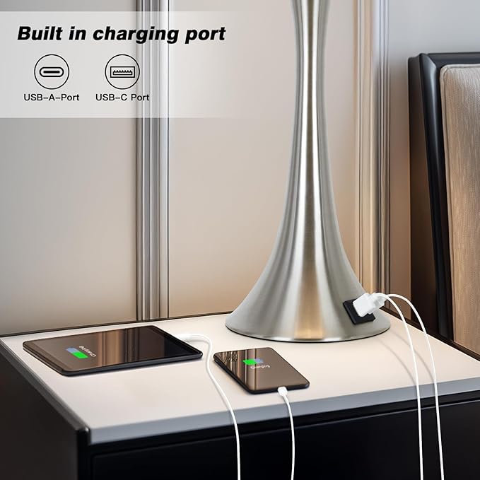 27.5" Silver Table Lamps Set of 2, Touch Bedside Lamps with USB C+A Ports, 3 Way Dimmable Nightstand Lamps for Bedroom, Living Room, Office, Silver Lamp with Beige Lampshade, Bulbs Included