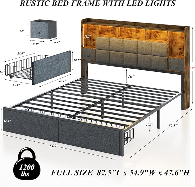 LED Bed Frame Full Size with Bookshelf Headboard, 2 Hidden Storage Drawers, Upholstered Platform Metal Bed Frame with Charging Station, Metal Slats Support, Noise Free, No Box Spring Needed