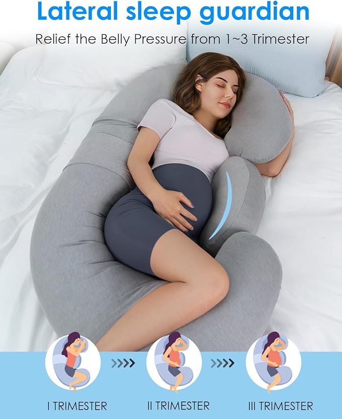 QUEEN ROSE Pregnancy Pillow, E Shaped Body Pillows for Sleeping Support, 60 Inch Maternity Pillow for Pregnant Women with Cooling Silky Cover, Grey